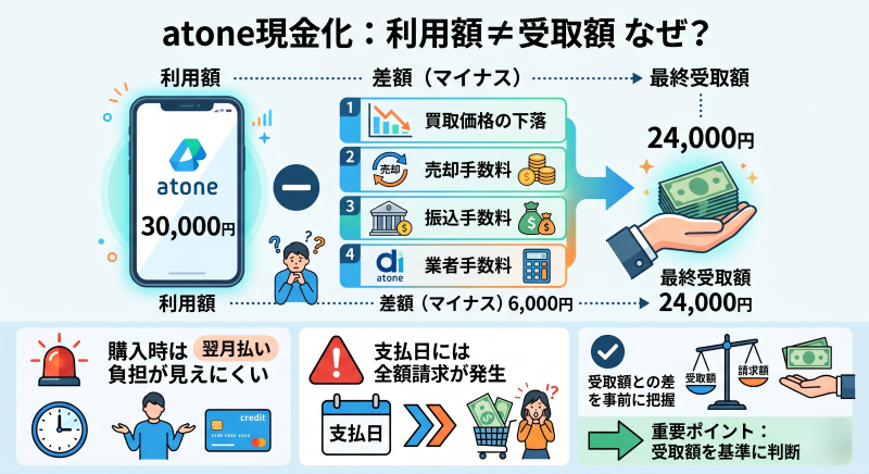 atone現金化で利用額と受取額が違う理由