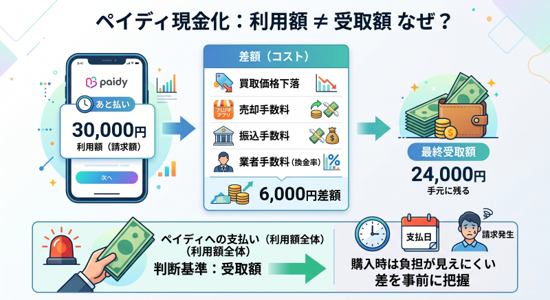 ペイディ現金化で利用額が受取額と同じでない理由